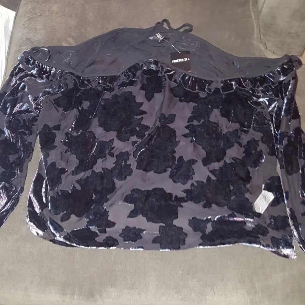 Black top with blue/purple velvet floral design